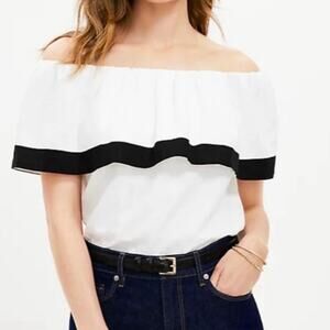 LOFT Off the Shoulder White Ruffled Blouse Women's M Casual Preppy Minimalist